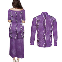 Hawaii Maile Lei Couples Matching Puletasi and Long Sleeve Button Shirt With Violet Monstera Pattern LT05 - Polynesian Pride