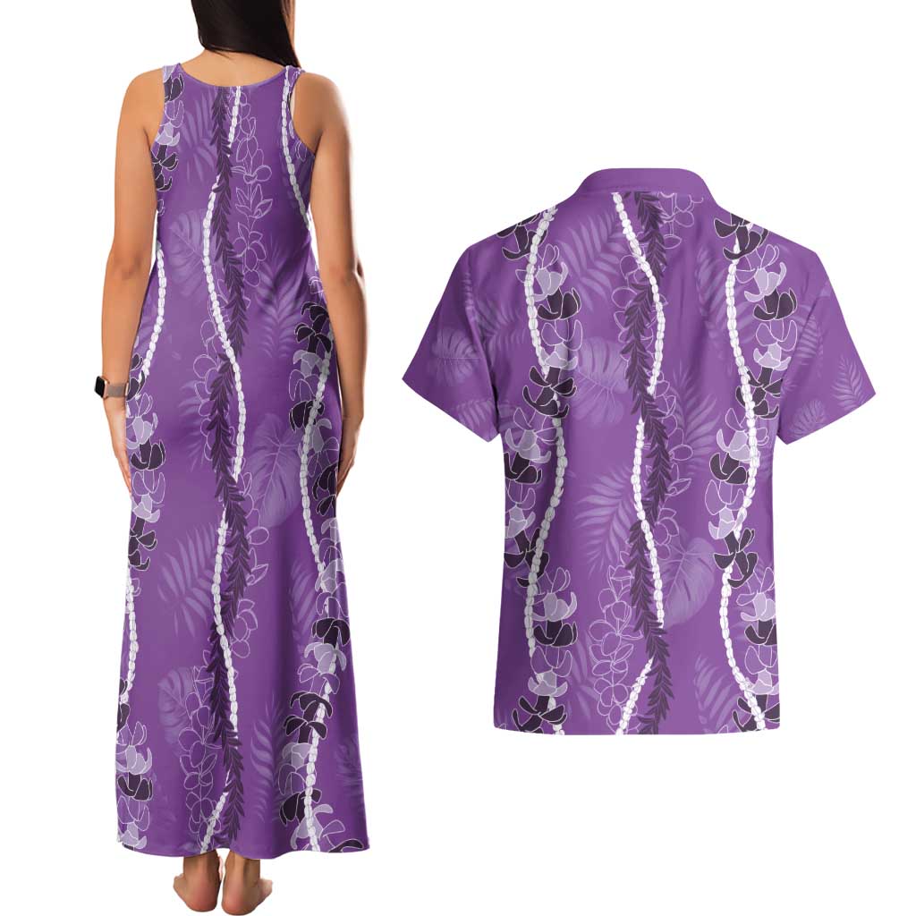 Hawaii Maile Lei Couples Matching Tank Maxi Dress and Hawaiian Shirt With Violet Monstera Pattern