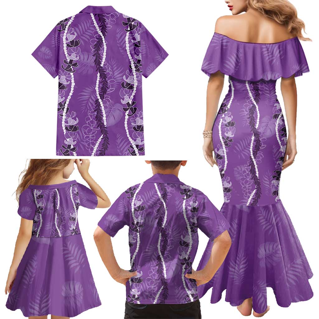 Hawaii Maile Lei Family Matching Mermaid Dress and Hawaiian Shirt With Violet Monstera Pattern LT05 - Polynesian Pride