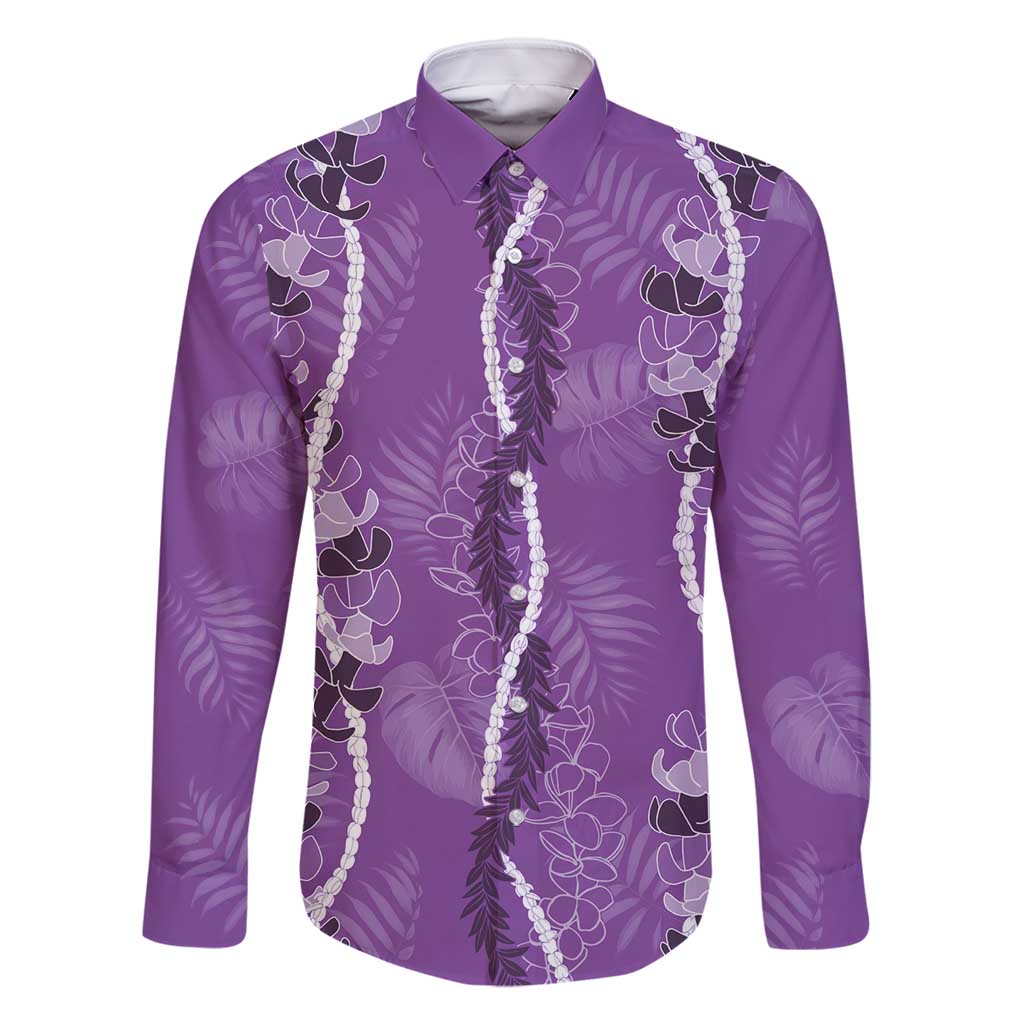 Hawaii Maile Lei Family Matching Mermaid Dress and Hawaiian Shirt With Violet Monstera Pattern LT05 Dad's Shirt - Long Sleeve Violet - Polynesian Pride