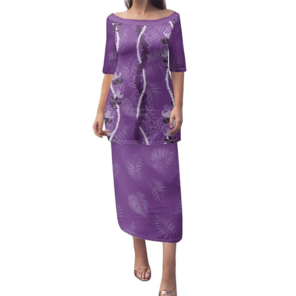 Hawaii Maile Lei Family Matching Puletasi and Hawaiian Shirt With Violet Monstera Pattern