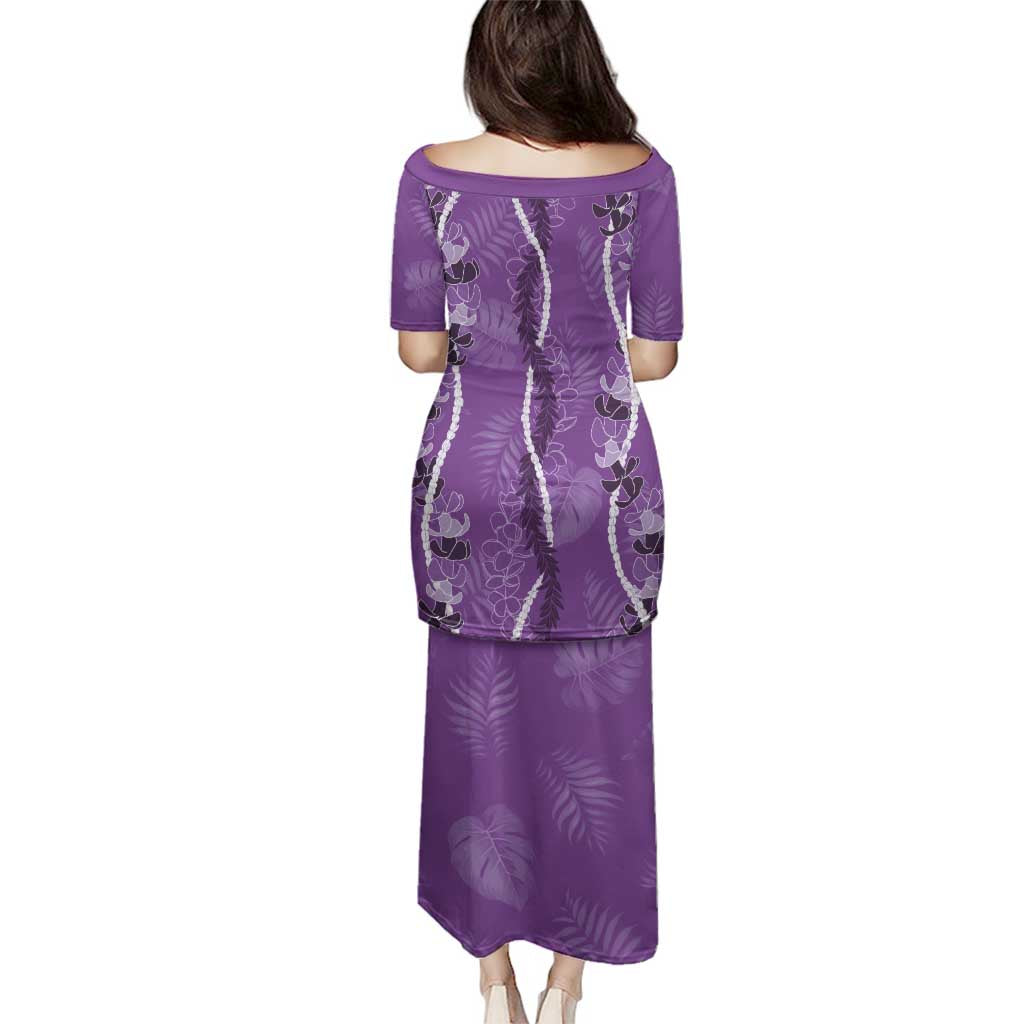 Hawaii Maile Lei Family Matching Puletasi and Hawaiian Shirt With Violet Monstera Pattern
