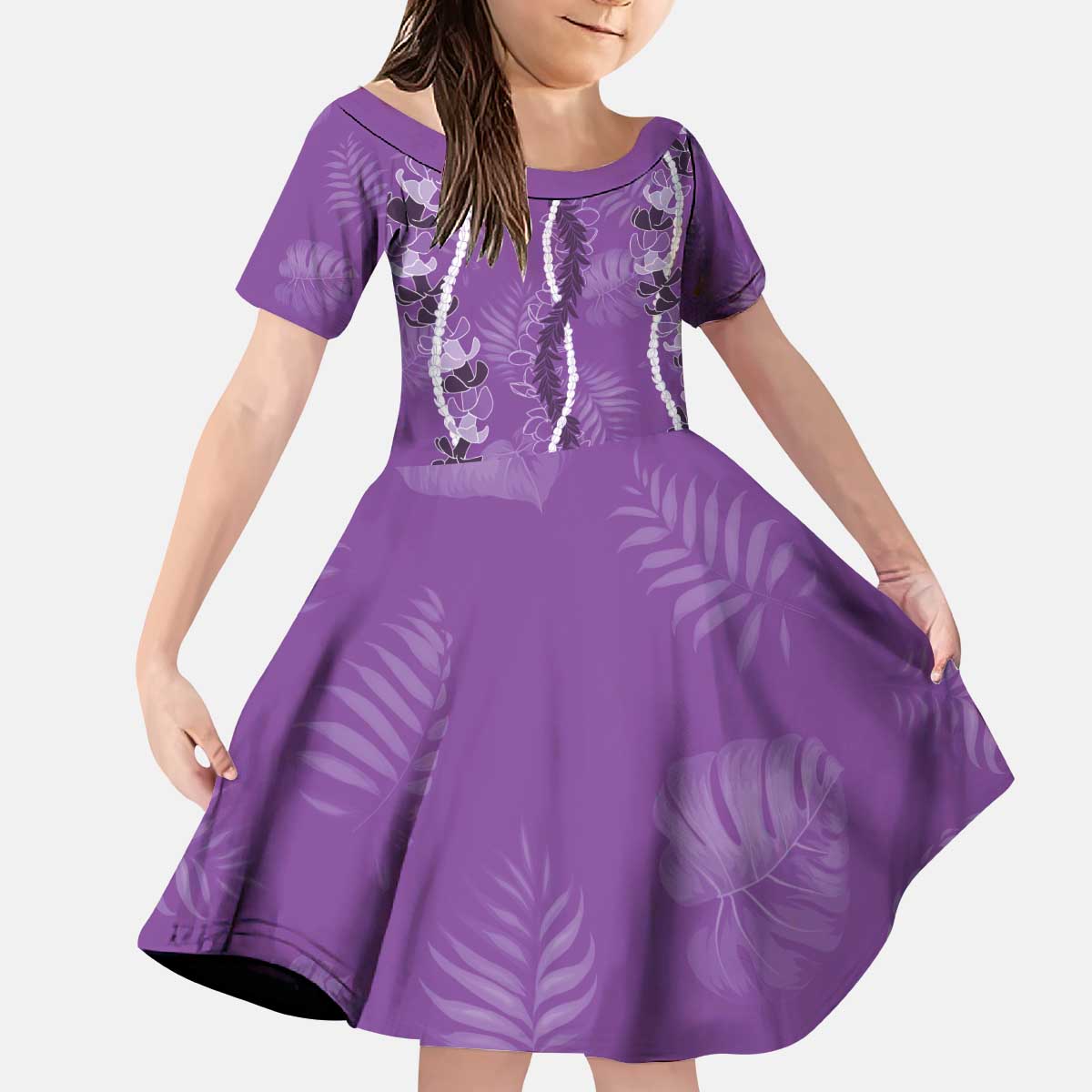 Hawaii Maile Lei Kid Short Sleeve Dress With Violet Monstera Pattern LT05 KID Violet - Polynesian Pride