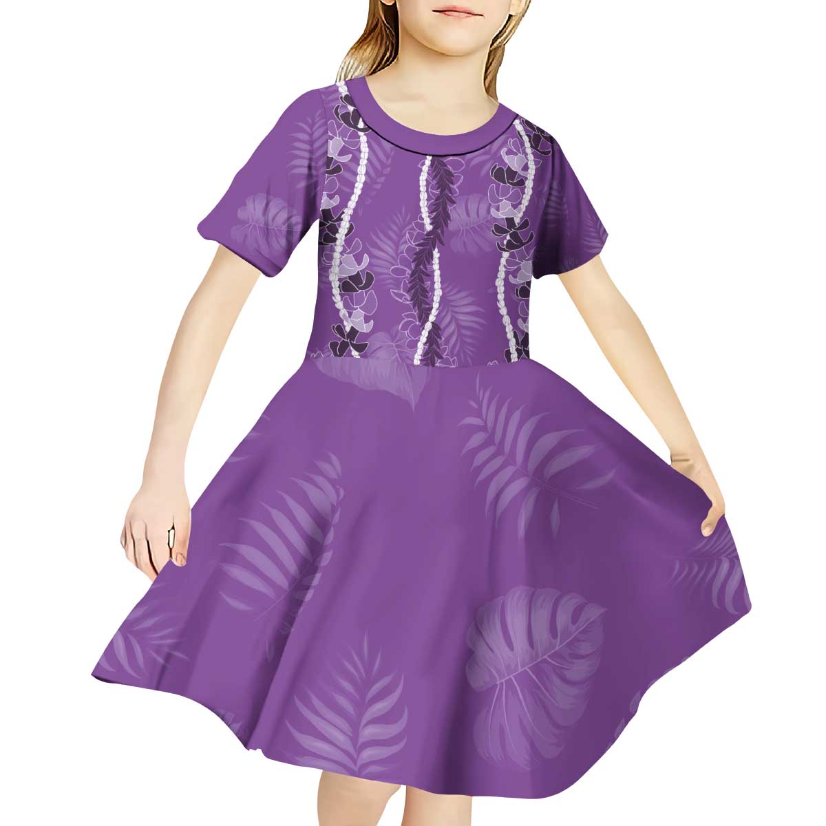 Hawaii Maile Lei Kid Short Sleeve Dress With Violet Monstera Pattern LT05 - Polynesian Pride