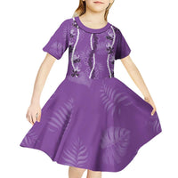 Hawaii Maile Lei Kid Short Sleeve Dress With Violet Monstera Pattern LT05 - Polynesian Pride
