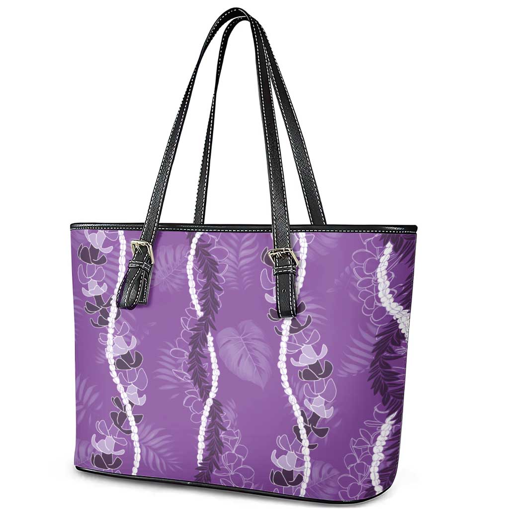 Hawaii Maile Lei Leather Tote Bag With Violet Monstera Pattern