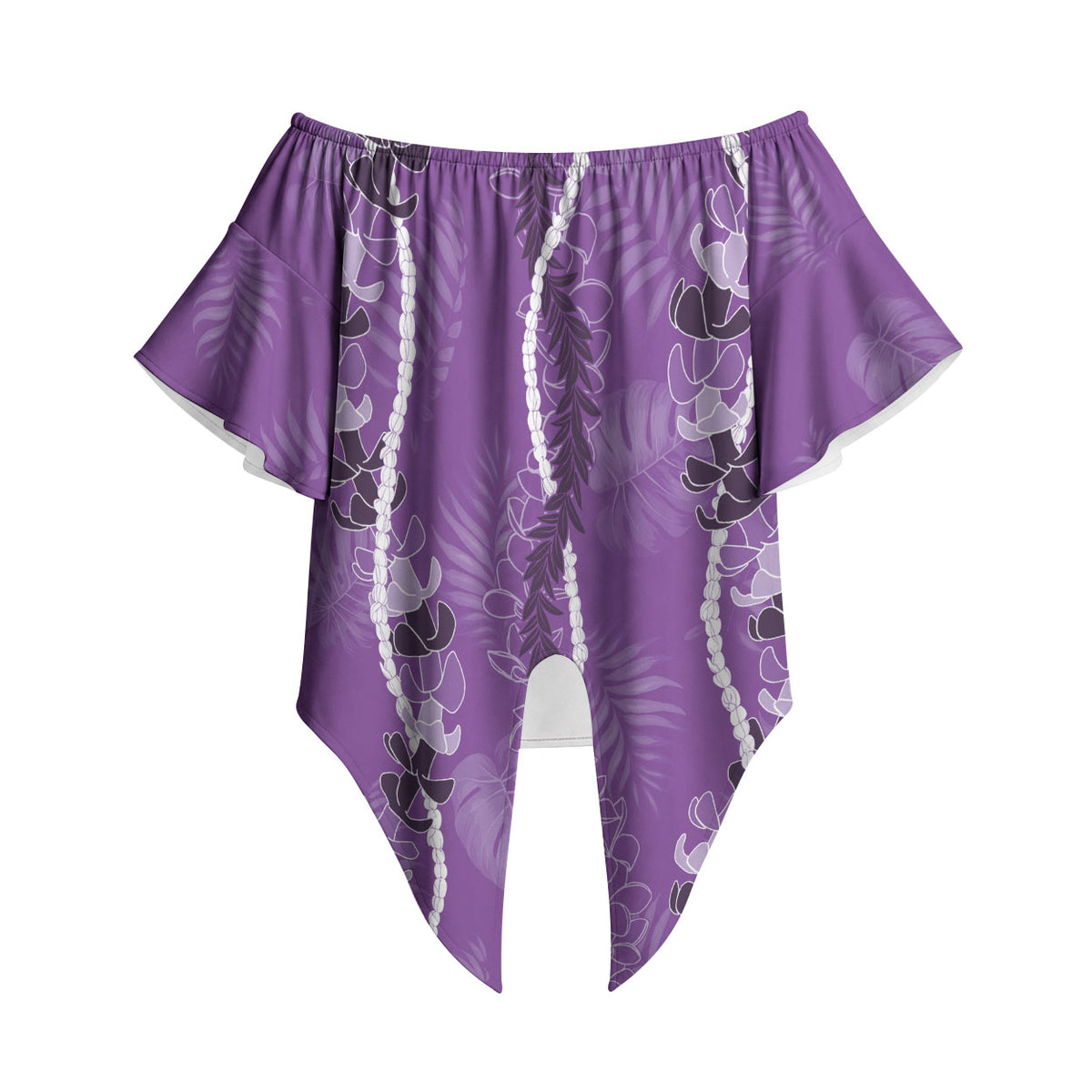 Hawaii Maile Lei Off Shoulder Wrap Waist Top With Violet Monstera Pattern LT05 Violet - Polynesian Pride
