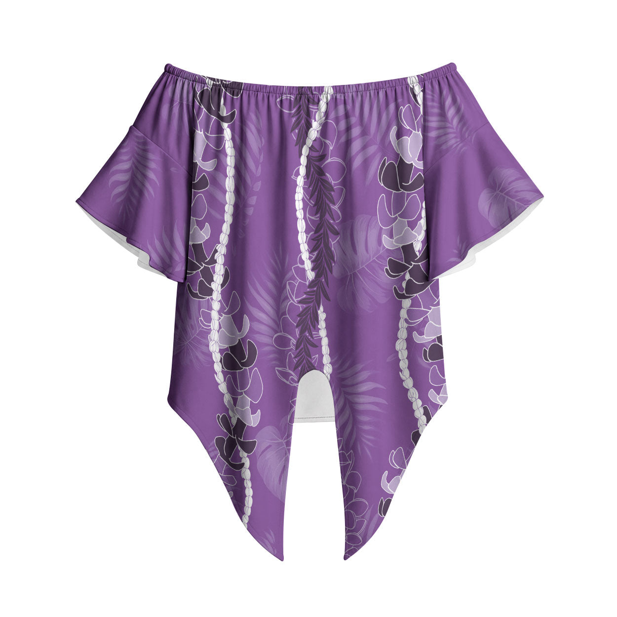 Hawaii Maile Lei Off Shoulder Wrap Waist Top With Violet Monstera Pattern LT05 Violet - Polynesian Pride