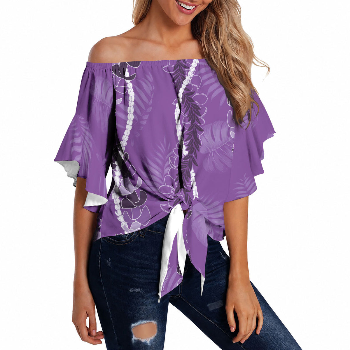 Hawaii Maile Lei Off Shoulder Wrap Waist Top With Violet Monstera Pattern LT05 - Polynesian Pride