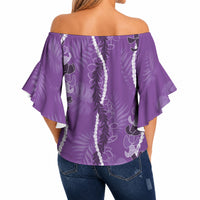 Hawaii Maile Lei Off Shoulder Wrap Waist Top With Violet Monstera Pattern LT05 - Polynesian Pride