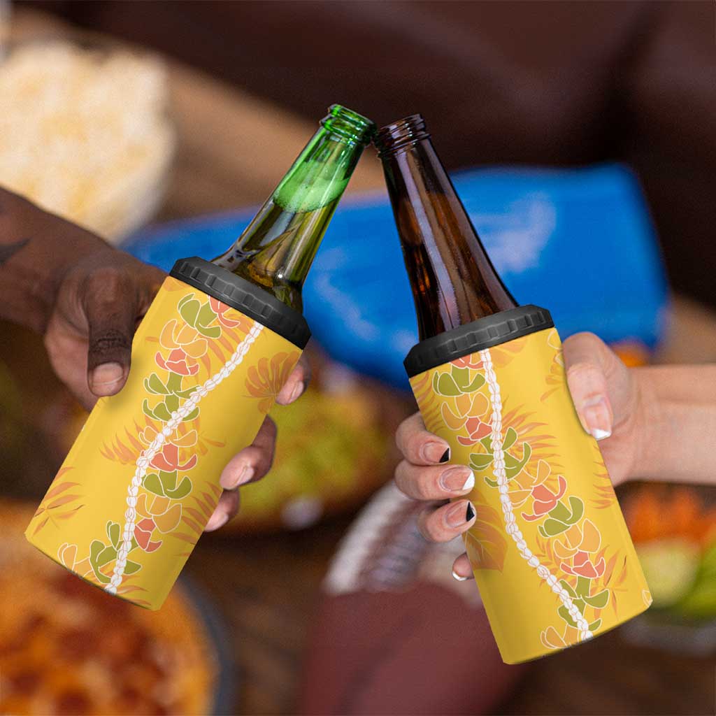 Hawaii Maile Lei 4 in 1 Can Cooler Tumbler With Yellow Monstera Pattern