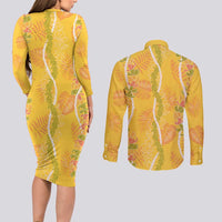 Hawaii Maile Lei Couples Matching Long Sleeve Bodycon Dress and Long Sleeve Button Shirt With Yellow Monstera Pattern