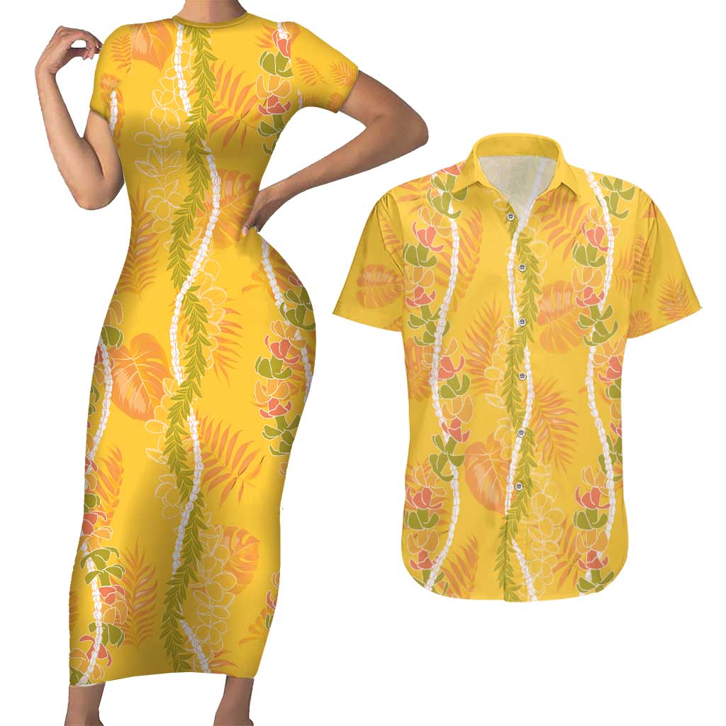 Hawaii Maile Lei Couples Matching Short Sleeve Bodycon Dress and Hawaiian Shirt With Yellow Monstera Pattern