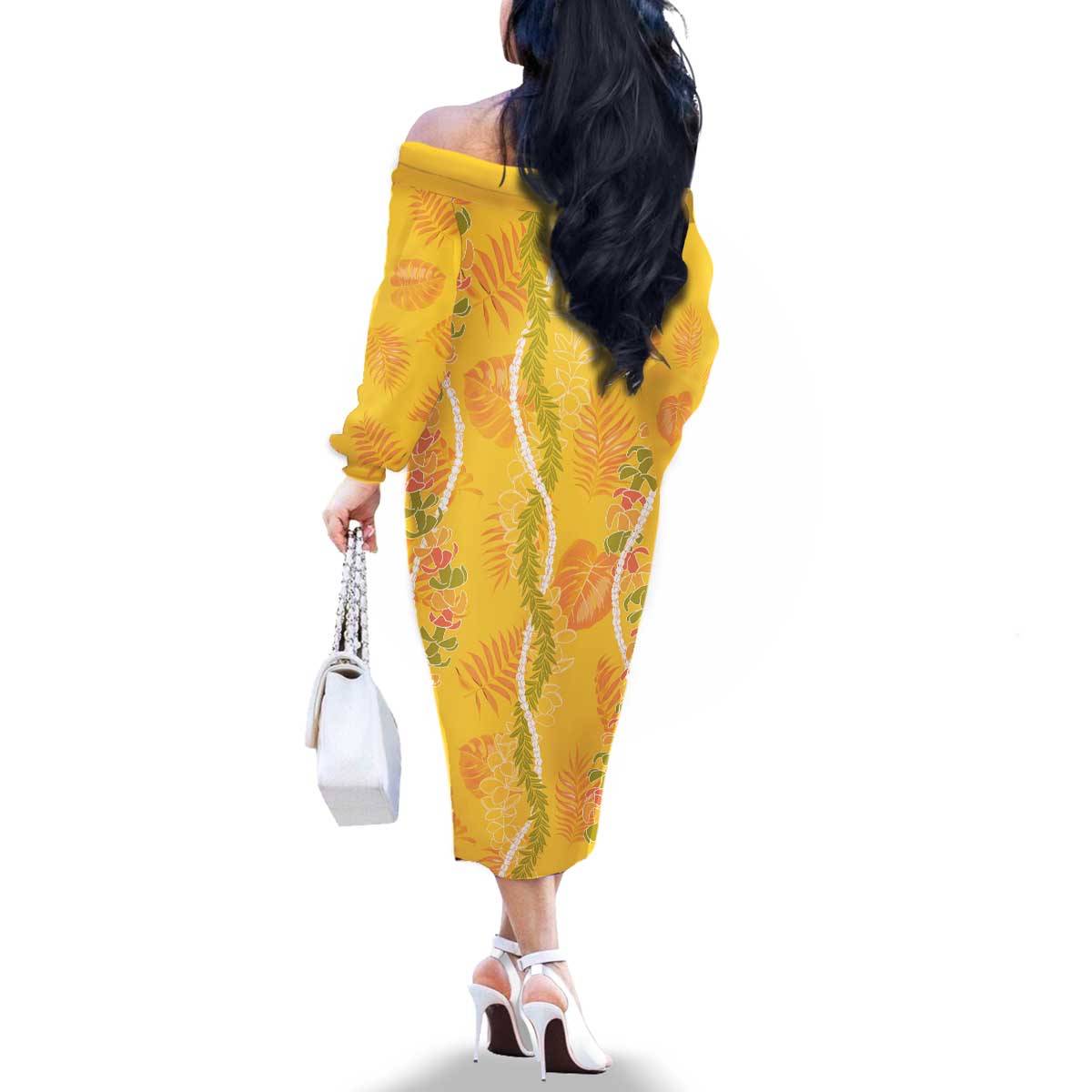 Hawaii Maile Lei Family Matching Off The Shoulder Long Sleeve Dress and Hawaiian Shirt With Yellow Monstera Pattern