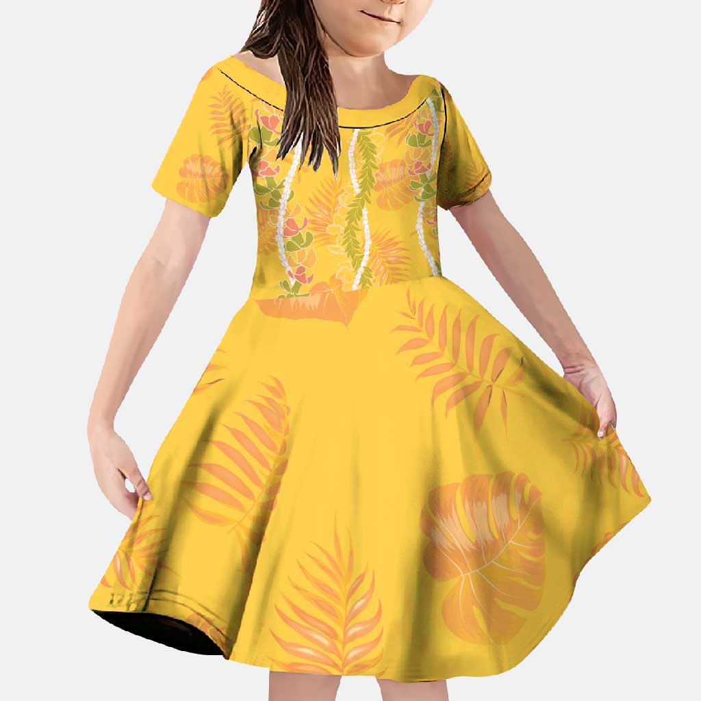 Hawaii Maile Lei Family Matching Off Shoulder Maxi Dress and Hawaiian Shirt With Yellow Monstera Pattern LT05 Daughter's Dress Yellow - Polynesian Pride