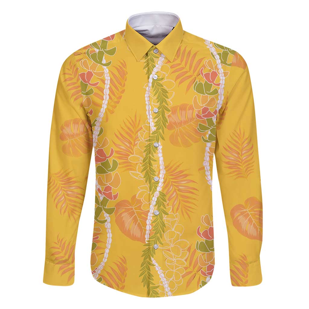 Hawaii Maile Lei Family Matching Off Shoulder Maxi Dress and Hawaiian Shirt With Yellow Monstera Pattern LT05 Dad's Shirt - Long Sleeve Yellow - Polynesian Pride