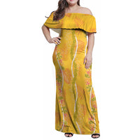 Hawaii Maile Lei Family Matching Off Shoulder Maxi Dress and Hawaiian Shirt With Yellow Monstera Pattern LT05 Mom's Dress Yellow - Polynesian Pride