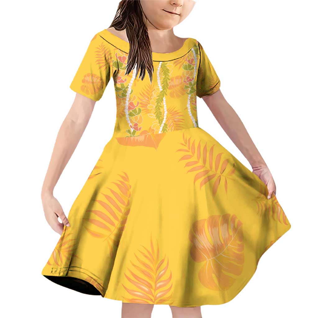 Hawaii Maile Lei Family Matching Off Shoulder Short Dress and Hawaiian Shirt With Yellow Monstera Pattern