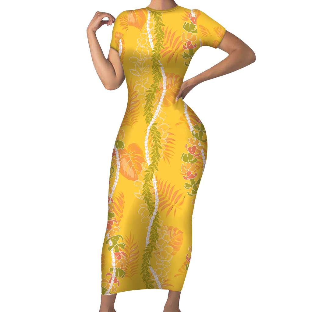 Hawaii Maile Lei Family Matching Short Sleeve Bodycon Dress and Hawaiian Shirt With Yellow Monstera Pattern