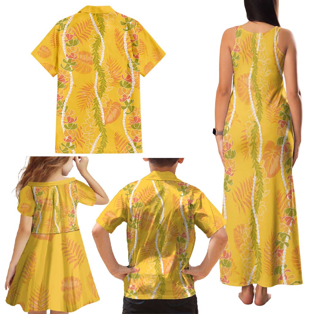 Hawaii Maile Lei Family Matching Tank Maxi Dress and Hawaiian Shirt With Yellow Monstera Pattern