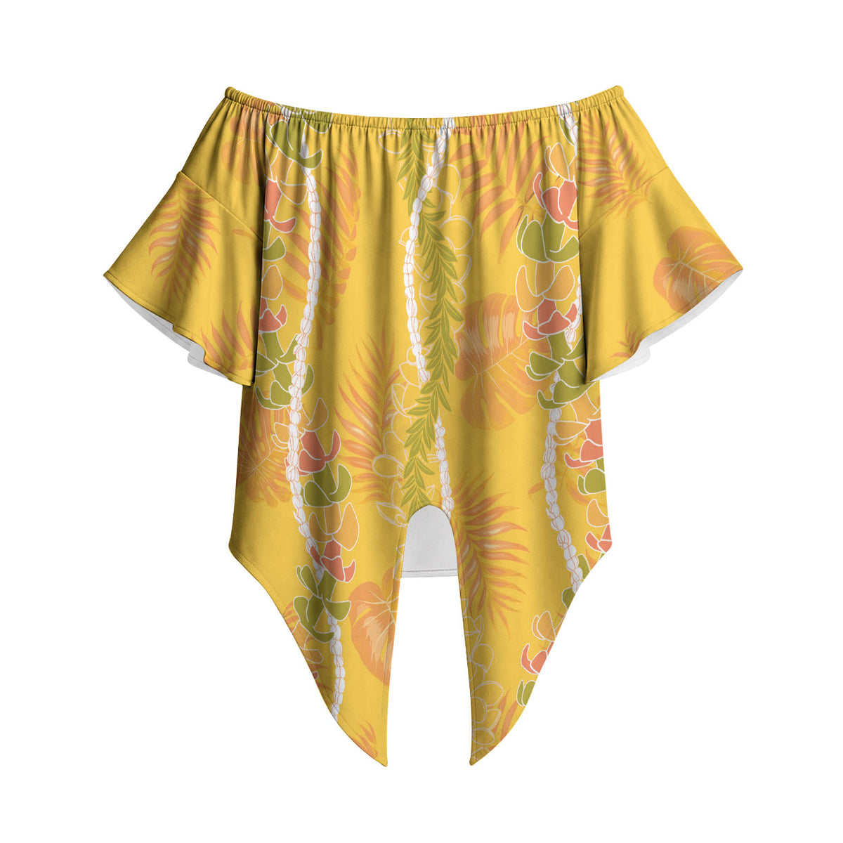 Hawaii Maile Lei Off Shoulder Wrap Waist Top With Yellow Monstera Pattern LT05 Yellow - Polynesian Pride
