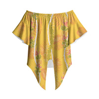 Hawaii Maile Lei Off Shoulder Wrap Waist Top With Yellow Monstera Pattern LT05 Yellow - Polynesian Pride