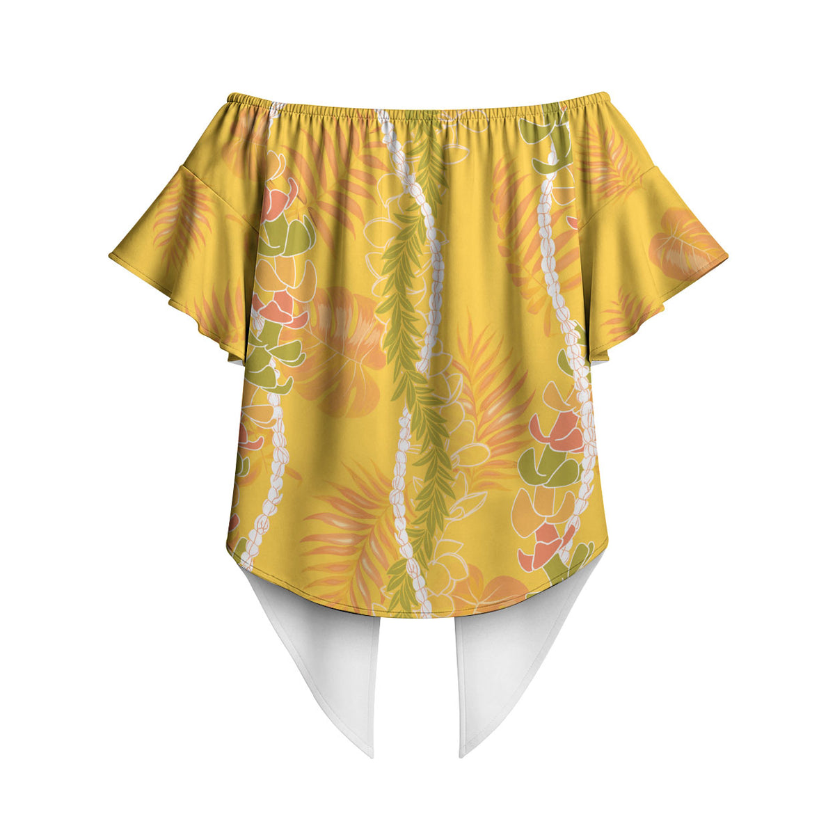 Hawaii Maile Lei Off Shoulder Wrap Waist Top With Yellow Monstera Pattern LT05 - Polynesian Pride