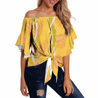 Hawaii Maile Lei Off Shoulder Wrap Waist Top With Yellow Monstera Pattern LT05 - Polynesian Pride