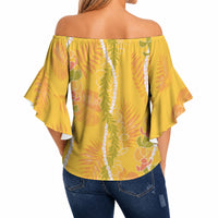 Hawaii Maile Lei Off Shoulder Wrap Waist Top With Yellow Monstera Pattern LT05 - Polynesian Pride