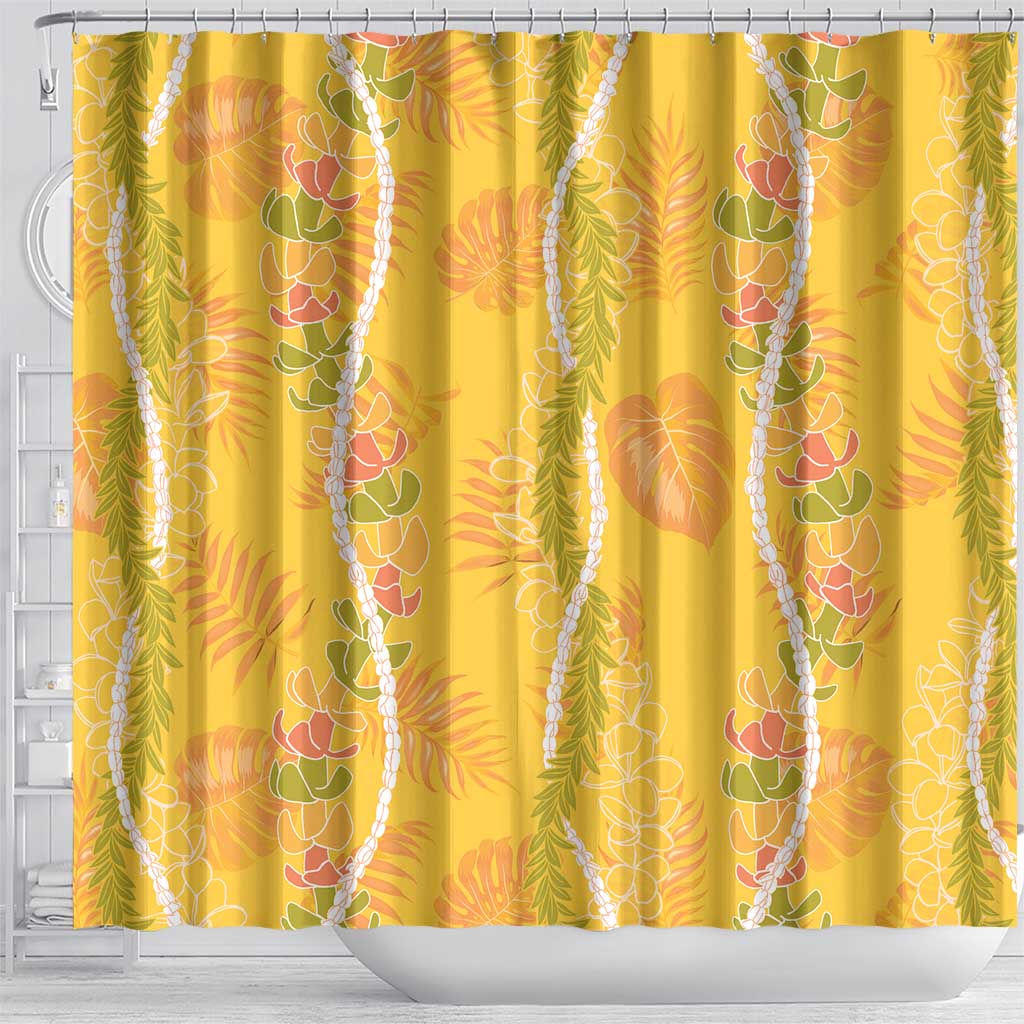 Hawaii Maile Lei Shower Curtain With Yellow Monstera Pattern