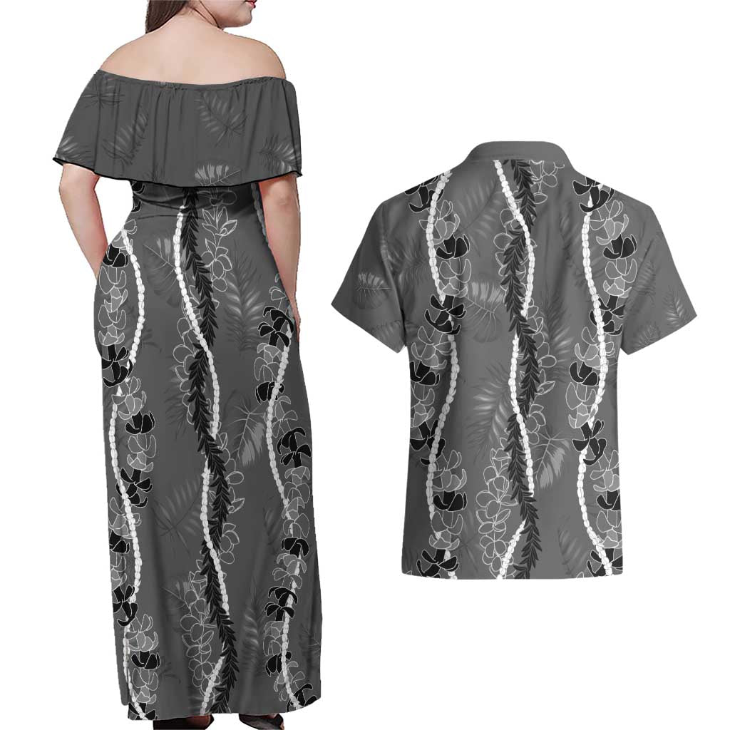 Hawaii Maile Lei Couples Matching Off Shoulder Maxi Dress and Hawaiian Shirt With Gray Monstera Pattern