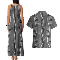 Hawaii Maile Lei Couples Matching Tank Maxi Dress and Hawaiian Shirt With Gray Monstera Pattern