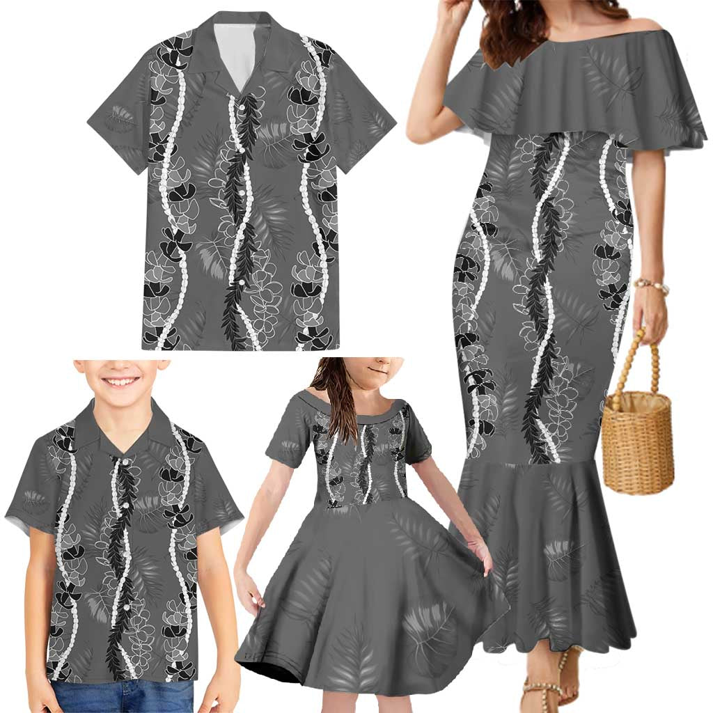 Hawaii Maile Lei Family Matching Mermaid Dress and Hawaiian Shirt With Gray Monstera Pattern LT05 - Polynesian Pride