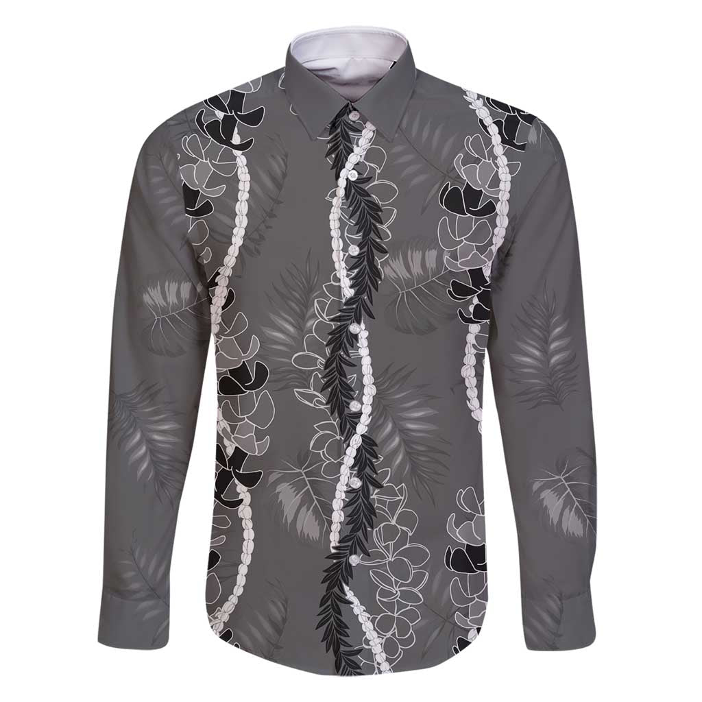 Hawaii Maile Lei Family Matching Mermaid Dress and Hawaiian Shirt With Gray Monstera Pattern LT05 Dad's Shirt - Long Sleeve Gray - Polynesian Pride