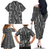 Hawaii Maile Lei Family Matching Off The Shoulder Long Sleeve Dress and Hawaiian Shirt With Gray Monstera Pattern