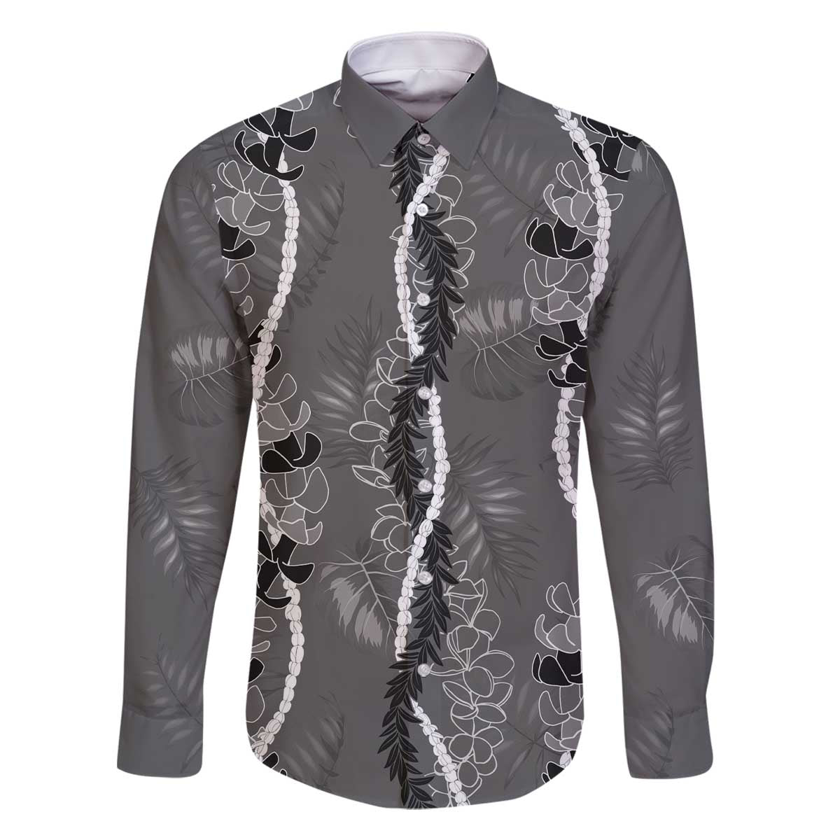 Hawaii Maile Lei Family Matching Off The Shoulder Long Sleeve Dress and Hawaiian Shirt With Gray Monstera Pattern