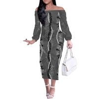 Hawaii Maile Lei Family Matching Off The Shoulder Long Sleeve Dress and Hawaiian Shirt With Gray Monstera Pattern