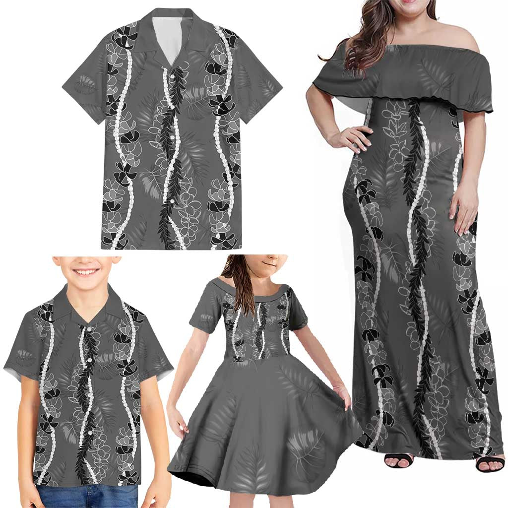 Hawaii Maile Lei Family Matching Off Shoulder Maxi Dress and Hawaiian Shirt With Gray Monstera Pattern