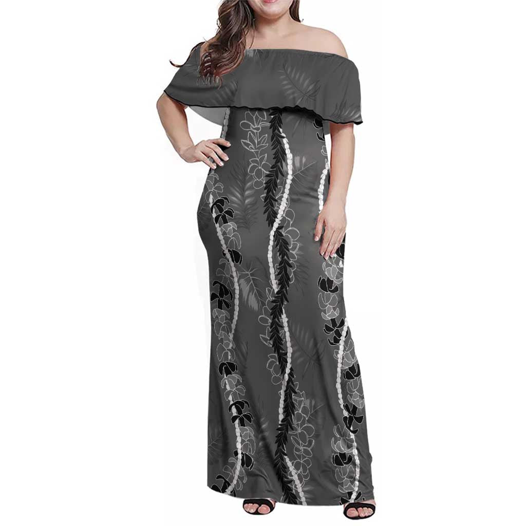Hawaii Maile Lei Family Matching Off Shoulder Maxi Dress and Hawaiian Shirt With Gray Monstera Pattern LT05 Mom's Dress Gray - Polynesian Pride