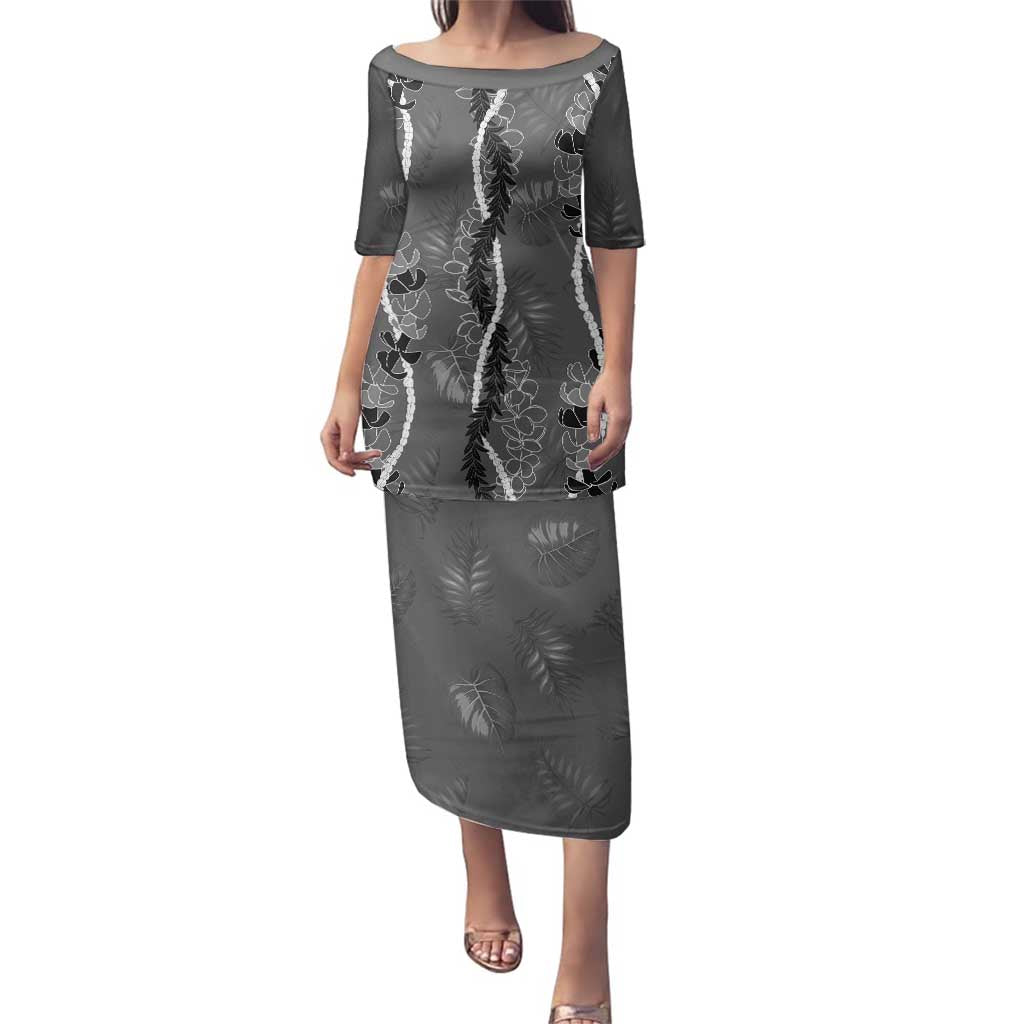 Hawaii Maile Lei Family Matching Puletasi and Hawaiian Shirt With Gray Monstera Pattern