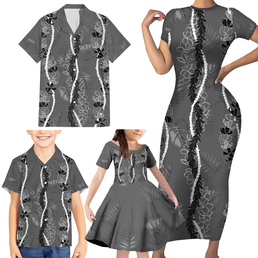 Hawaii Maile Lei Family Matching Short Sleeve Bodycon Dress and Hawaiian Shirt With Gray Monstera Pattern