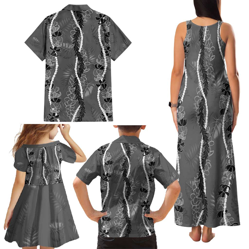 Hawaii Maile Lei Family Matching Tank Maxi Dress and Hawaiian Shirt With Gray Monstera Pattern