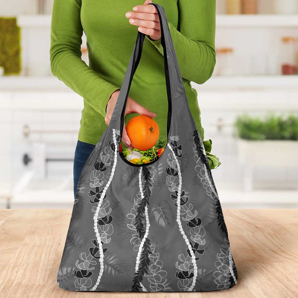 Hawaii Maile Lei Grocery Bag With Gray Monstera Pattern