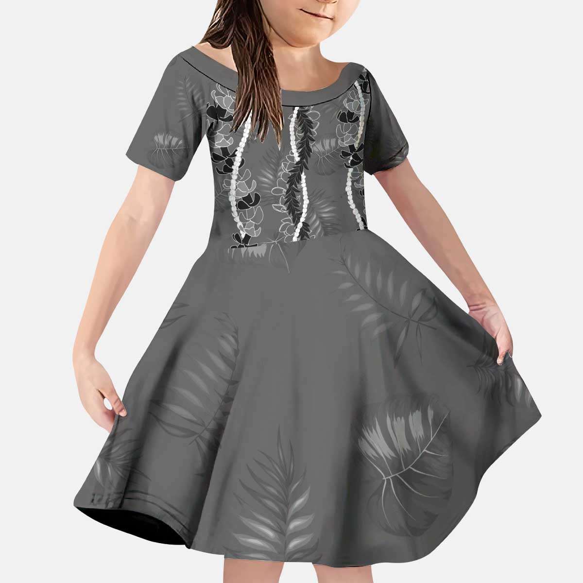 Hawaii Maile Lei Kid Short Sleeve Dress With Gray Monstera Pattern LT05 KID Gray - Polynesian Pride