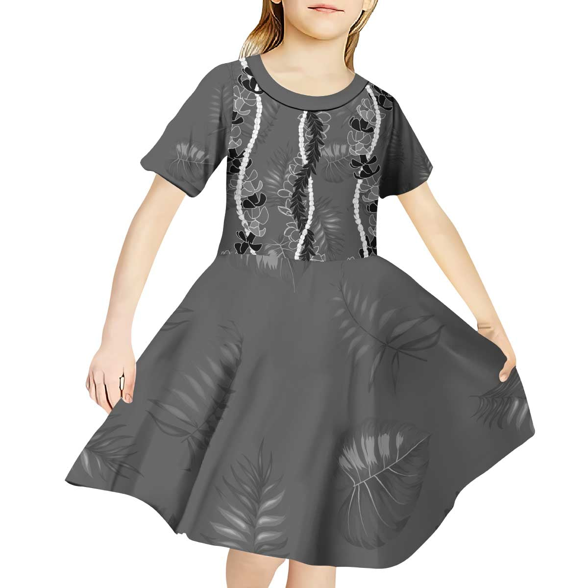 Hawaii Maile Lei Kid Short Sleeve Dress With Gray Monstera Pattern LT05 - Polynesian Pride