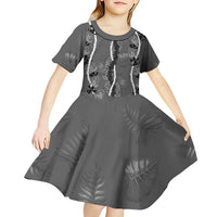 Hawaii Maile Lei Kid Short Sleeve Dress With Gray Monstera Pattern LT05 - Polynesian Pride