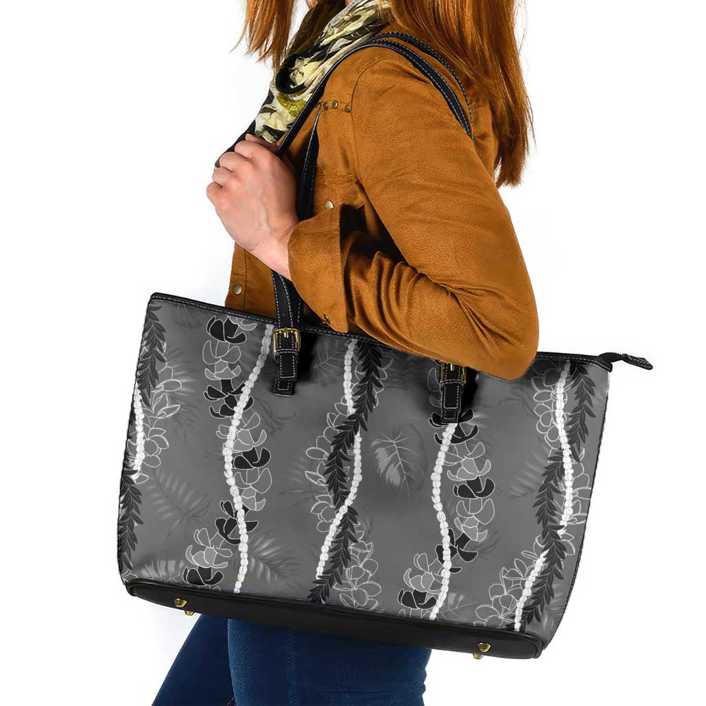 Hawaii Maile Lei Leather Tote Bag With Gray Monstera Pattern LT05 Gray - Polynesian Pride