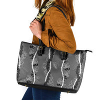 Hawaii Maile Lei Leather Tote Bag With Gray Monstera Pattern LT05 Gray - Polynesian Pride