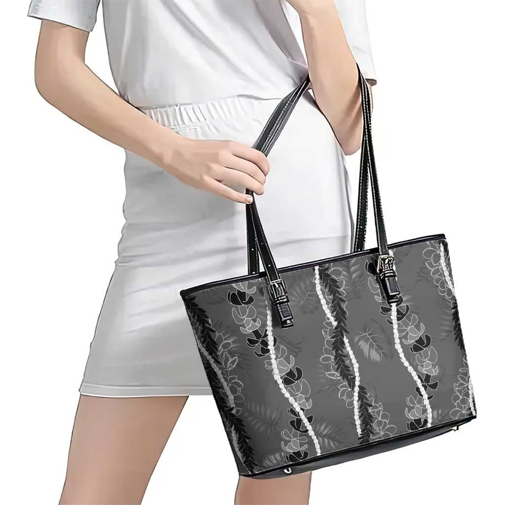Hawaii Maile Lei Leather Tote Bag With Gray Monstera Pattern LT05 - Polynesian Pride