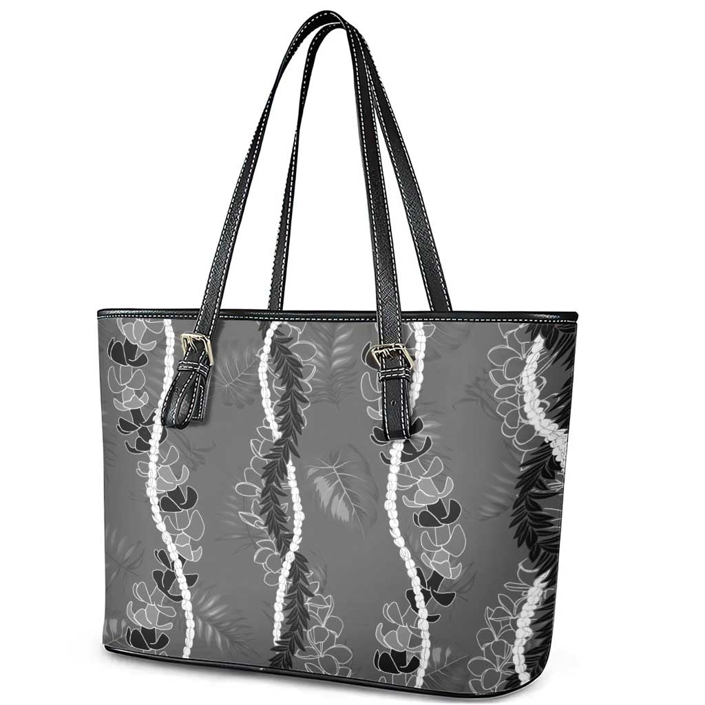 Hawaii Maile Lei Leather Tote Bag With Gray Monstera Pattern LT05 - Polynesian Pride